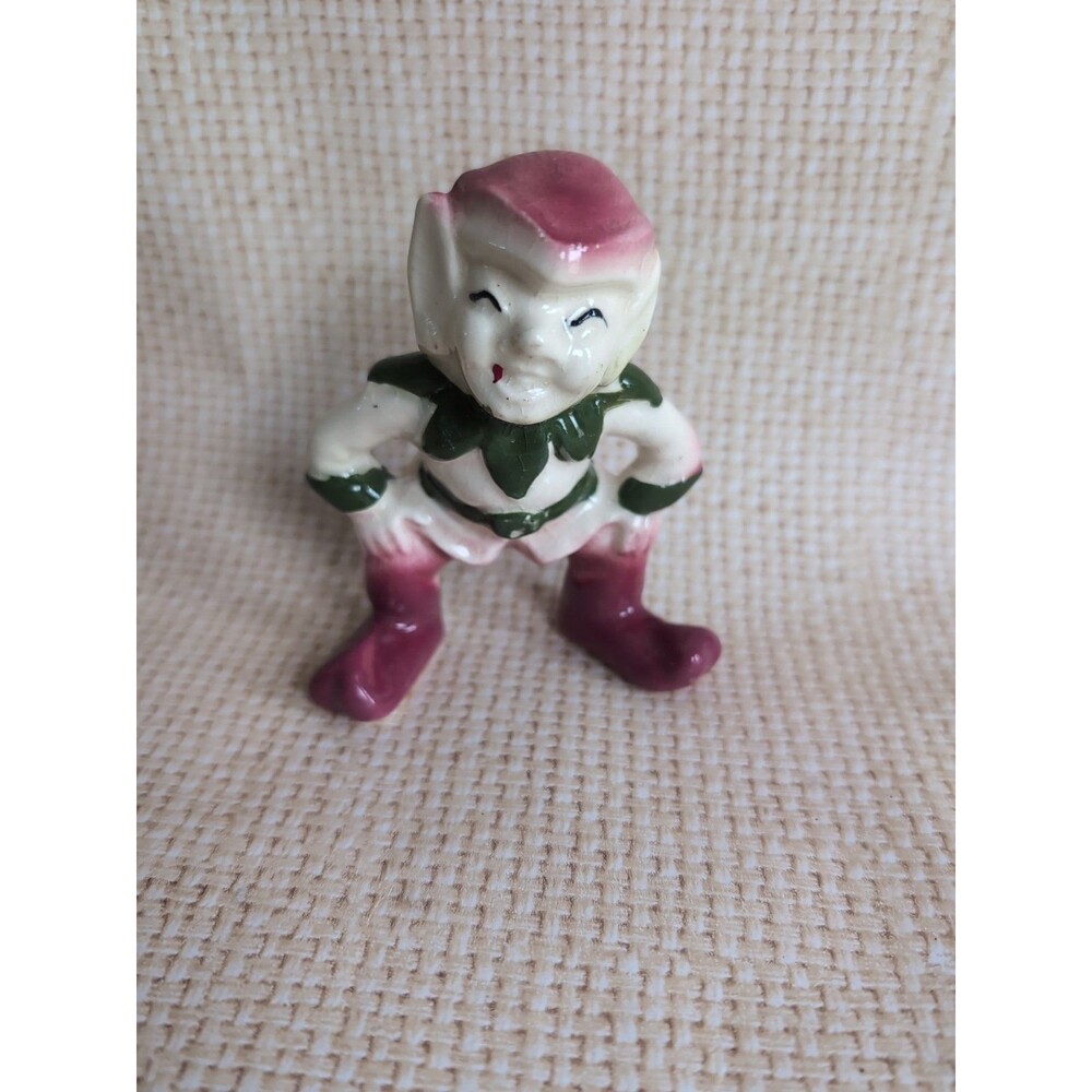 Vtg Elf Pixie Figurine Pottery Ceramic 50s Laughing Hands on Knees